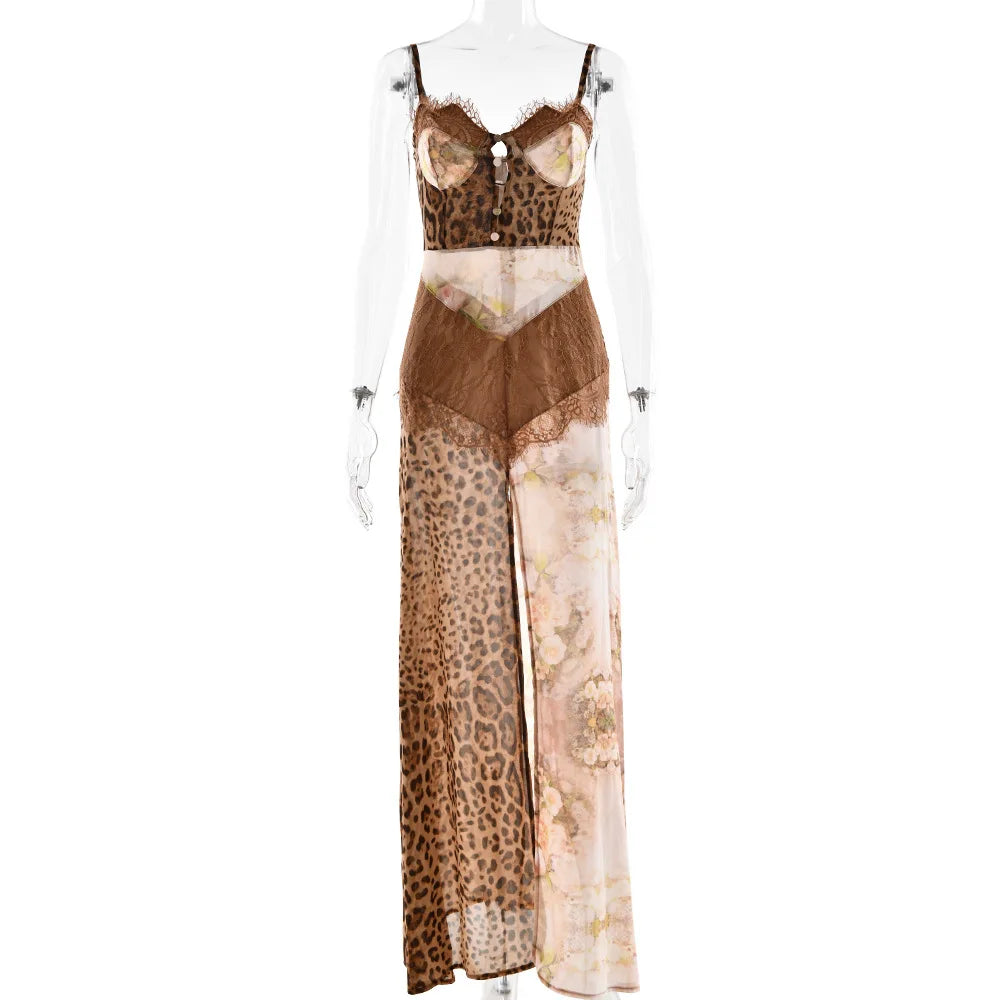 Leopard Print Chiffon Mesh Dress Off Shoulder See Through With High Waist Slit