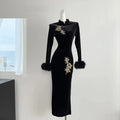 Velvet Cheongsam Dress With Embroidered Detailing And Fox Fur Trim In Gold Glow