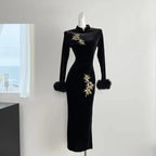 Velvet Cheongsam Dress With Embroidered Detailing And Fox Fur Trim In Gold Glow