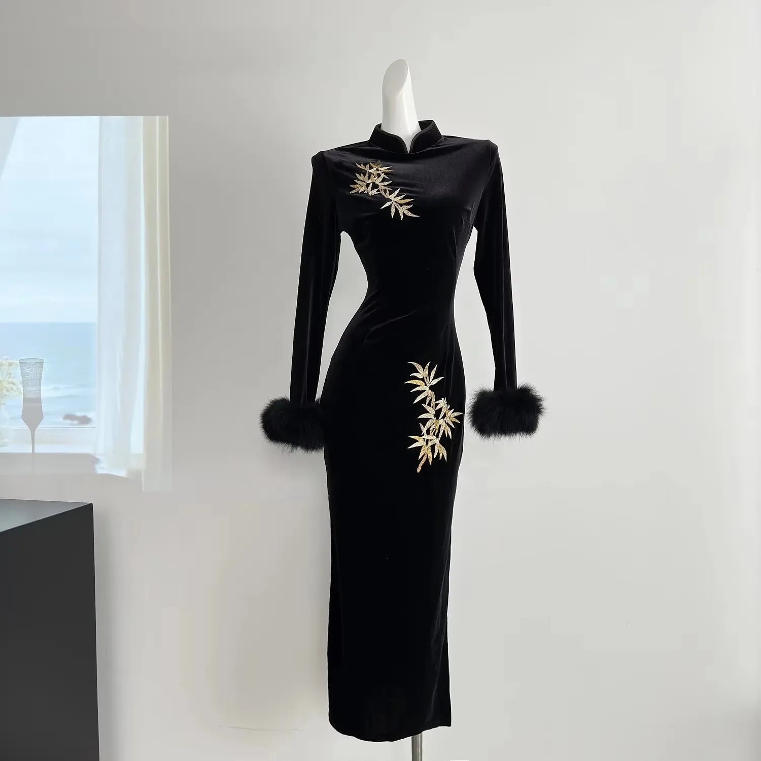 Velvet Cheongsam Dress With Embroidered Detailing And Fox Fur Trim In Gold Glow
