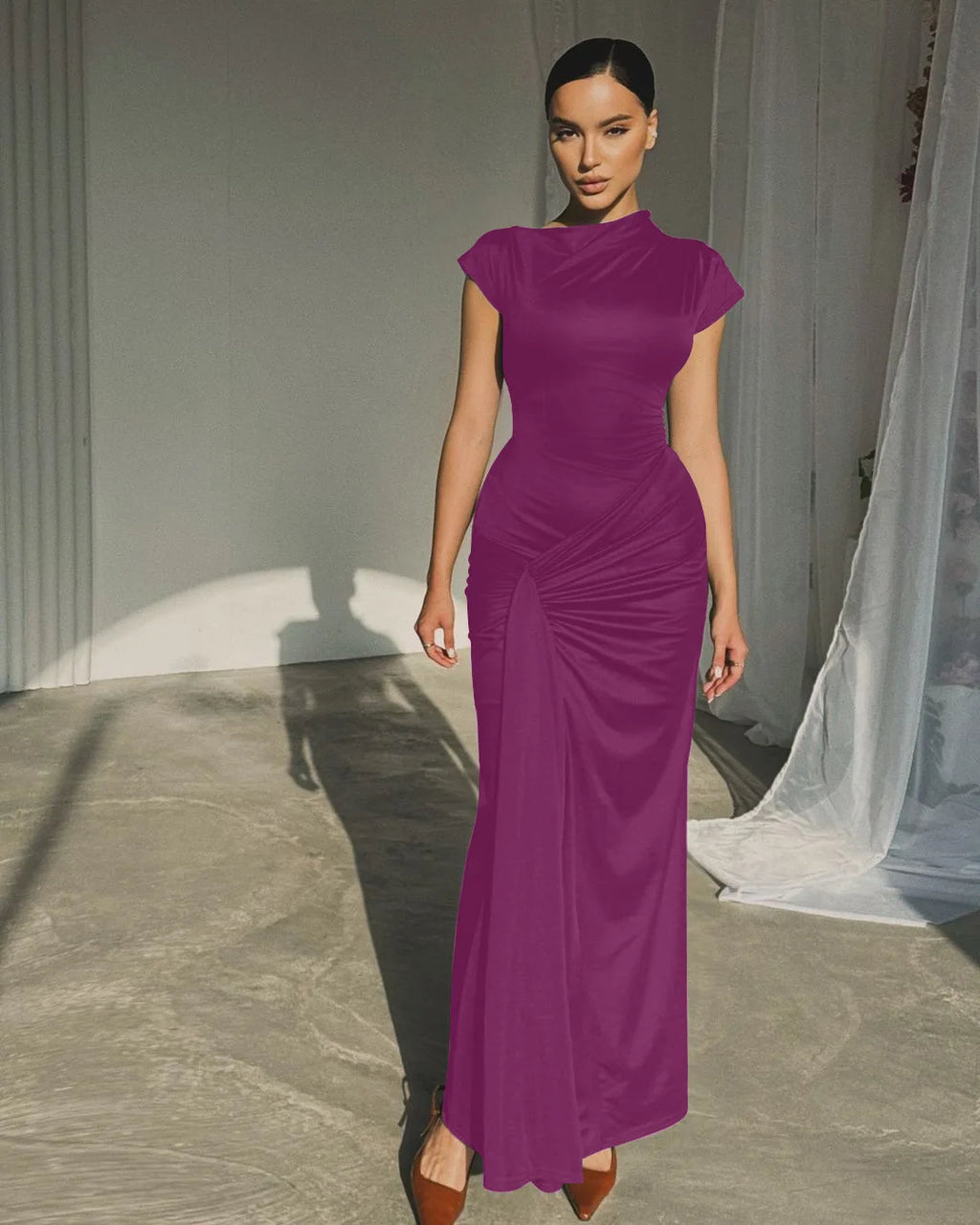 Vintage Short Sleeve Pleated Maxi  High Waist O-Neck Dress