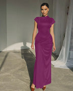 Vintage Short Sleeve Pleated Maxi  High Waist O-Neck Dress