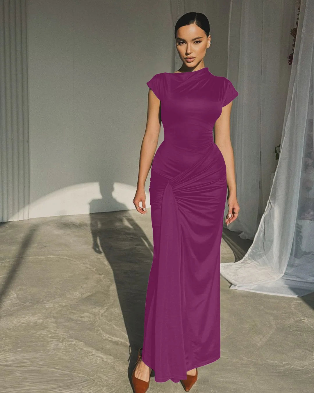 Vintage Short Sleeve Pleated Maxi  High Waist O-Neck Dress