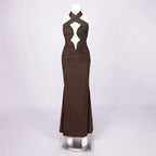 Brown Hollow Out Halter Satin Maxi Dress