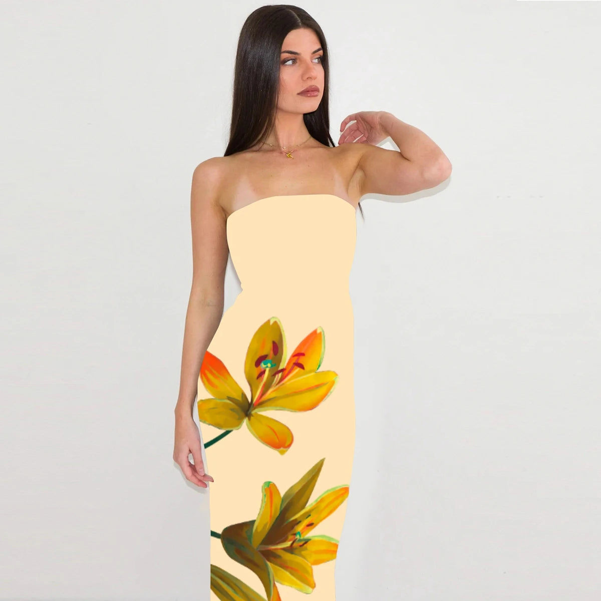 Backless Floral Bustier Maxi Dress With Lace Up Back And Cinched Waist