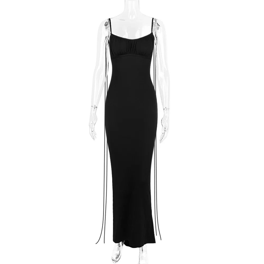 Backless Ruched Bodycon Pink V-Neck Strap Maxi Dress