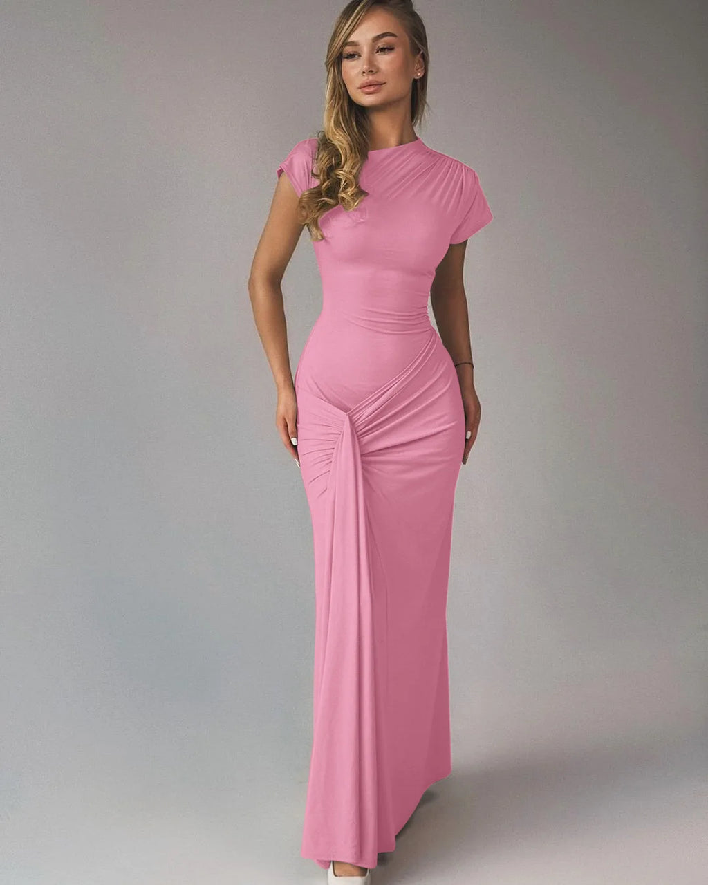 Vintage Short Sleeve Pleated Maxi  High Waist O-Neck Dress