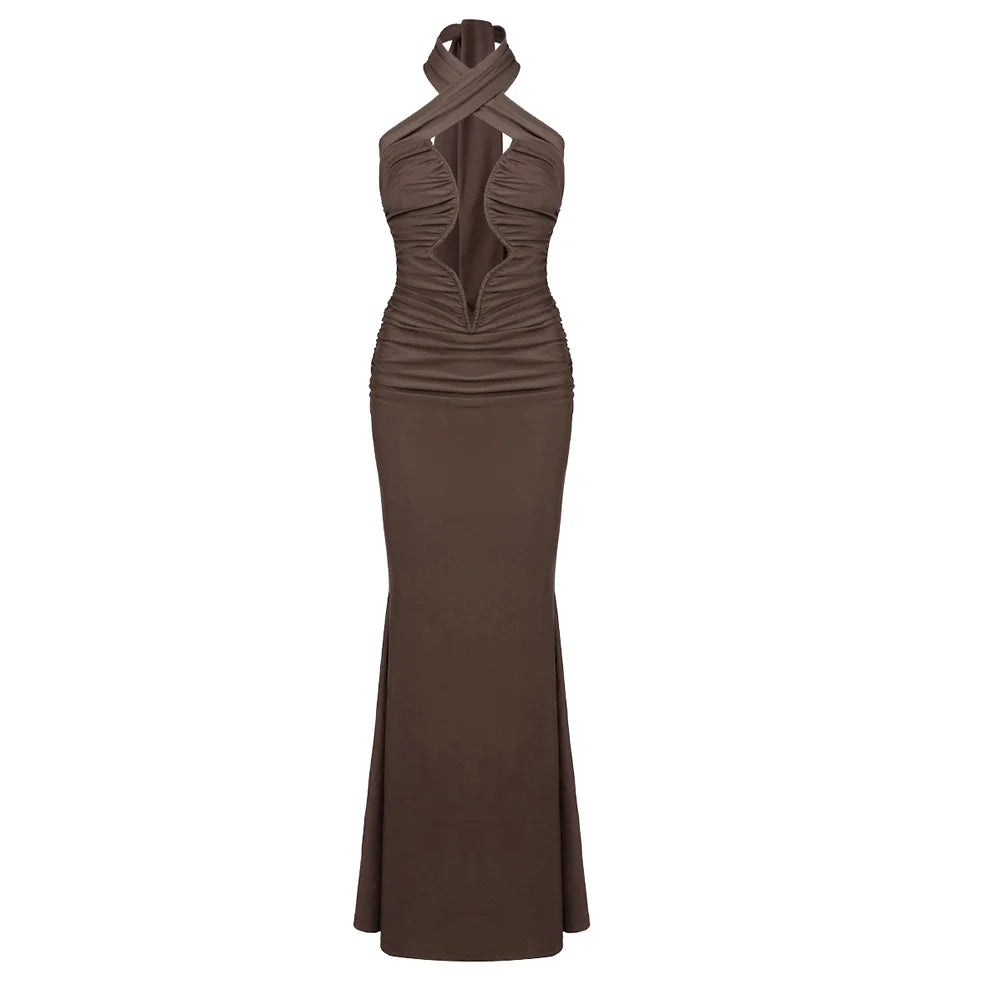 Brown Hollow Out Halter Satin Maxi Dress