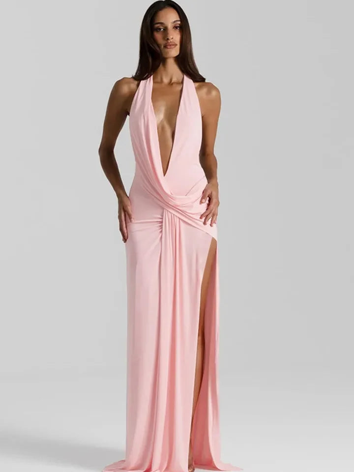 Women's Halter V-Neck Backless Maxi Party Dress