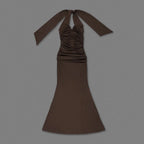 Brown Hollow Out Halter Satin Maxi Dress