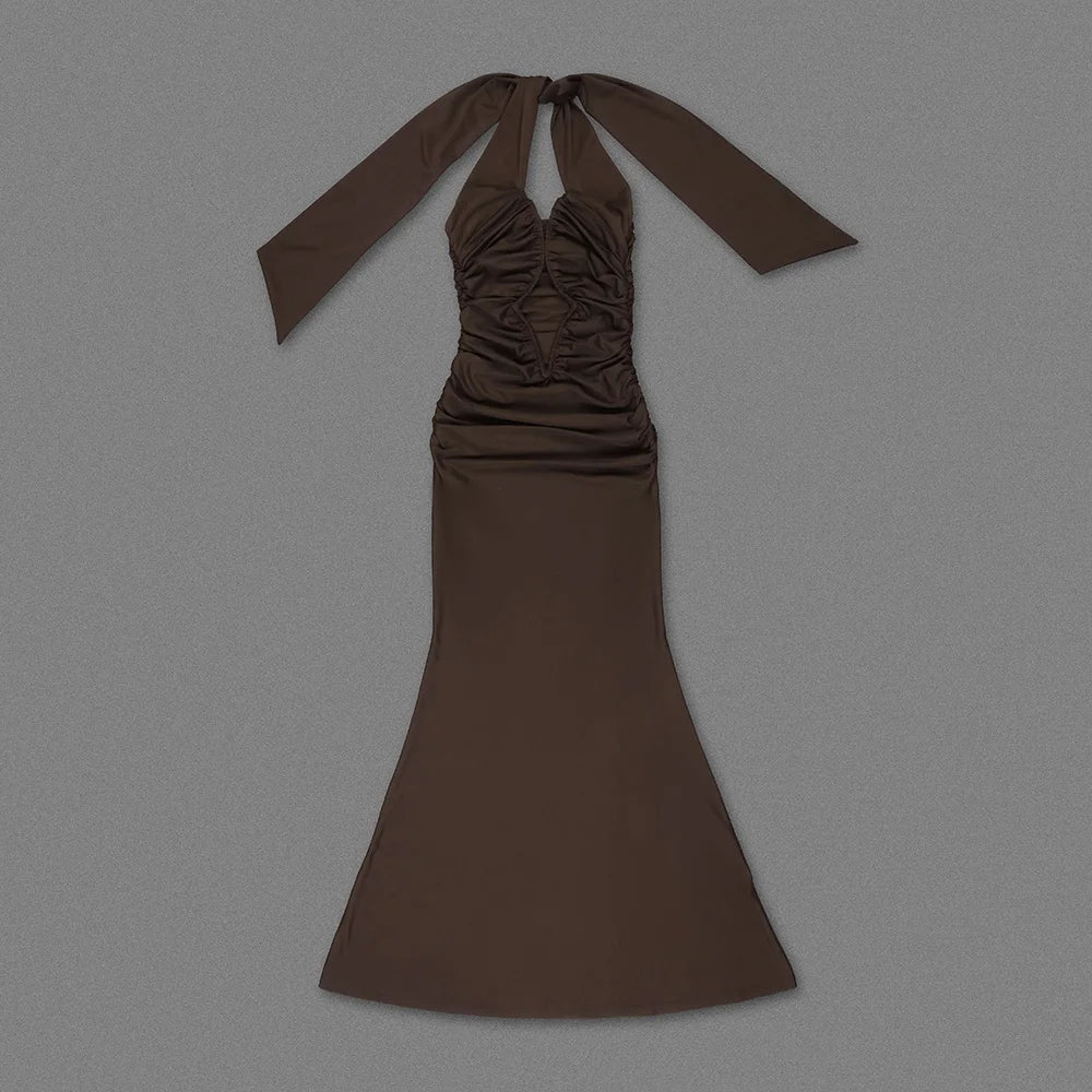 Brown Hollow Out Halter Satin Maxi Dress