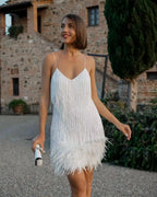 Elegant Tassel Sequins Feather Mini Dress Spaghetti Strap