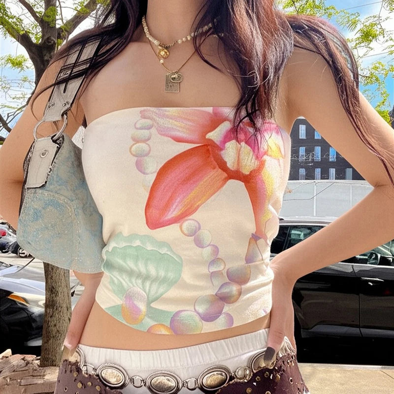 Floral Seashell Print Strapless Tank For Women Stretchy Sleeveless