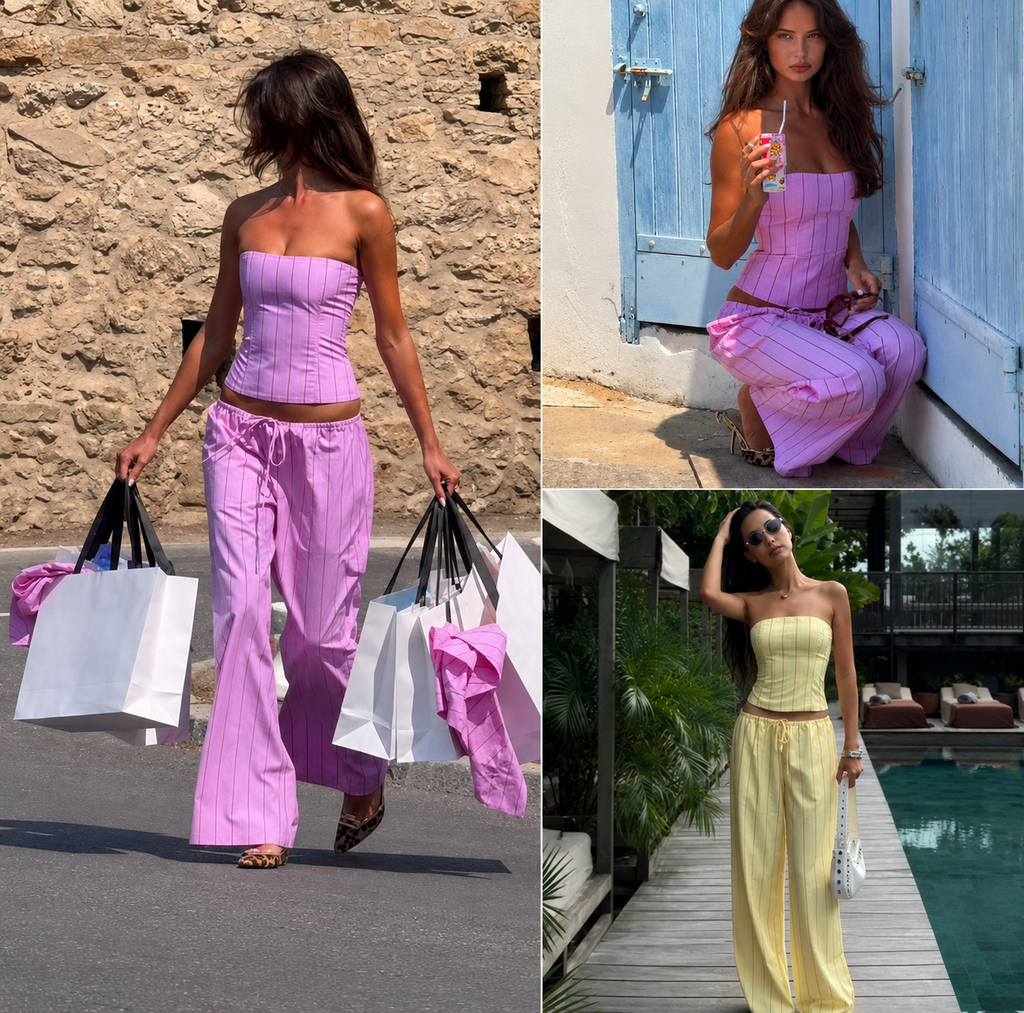 Striped Strapless Top Women Cropped High Waist Straight-leg Pants Sets
