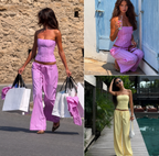 Striped Strapless Top Women Cropped High Waist Straight-leg Pants Sets