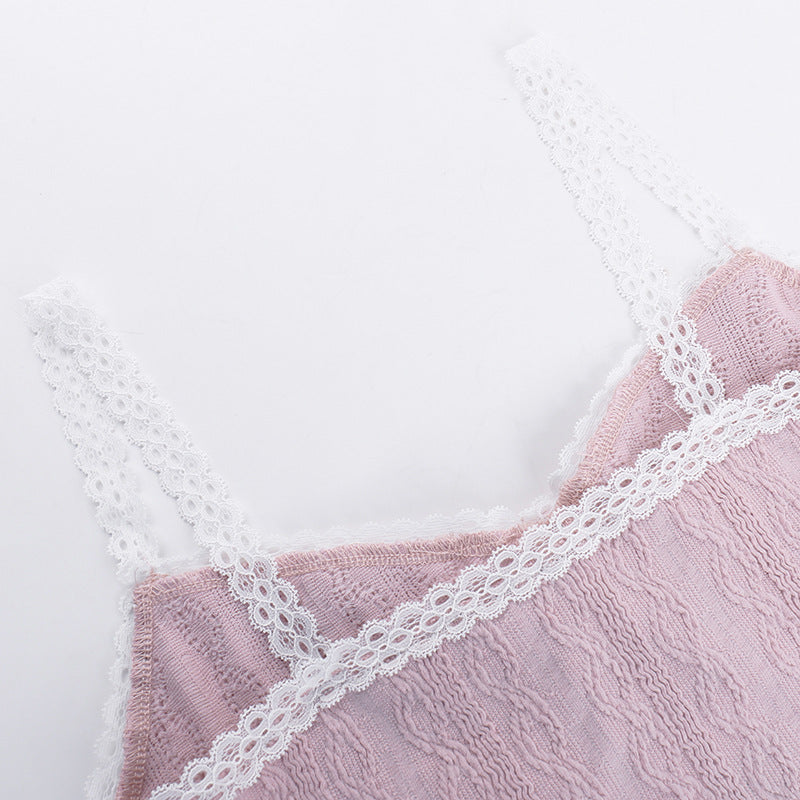 Coquette French Style Cute Camis Sleeveless Open Back Lace Trim Tie Up