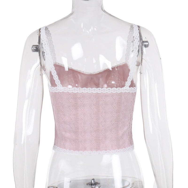Coquette French Style Cute Camis Sleeveless Open Back Lace Trim Tie Up