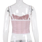 Coquette French Style Cute Camis Sleeveless Open Back Lace Trim Tie Up
