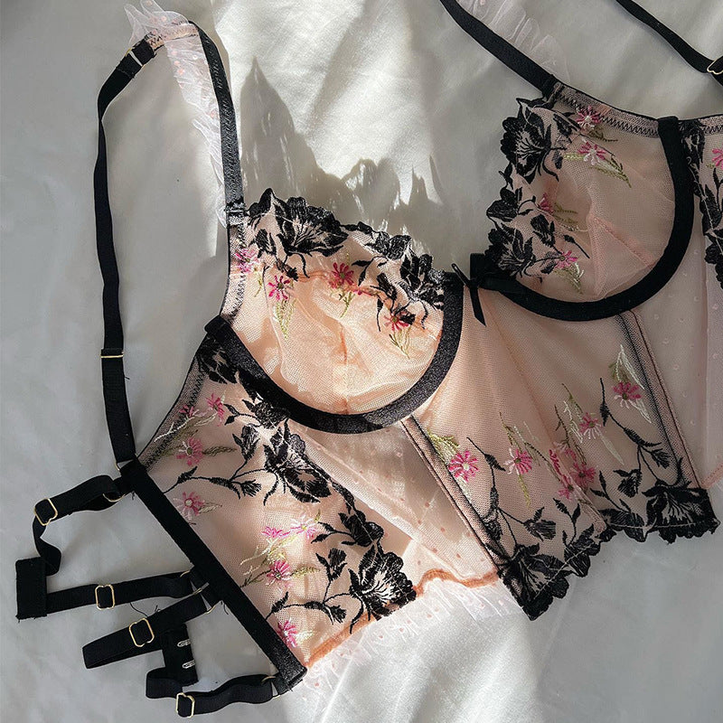 Clashing Floral Embroidered Lingerie Set With Push Up Bra And Matching Panty