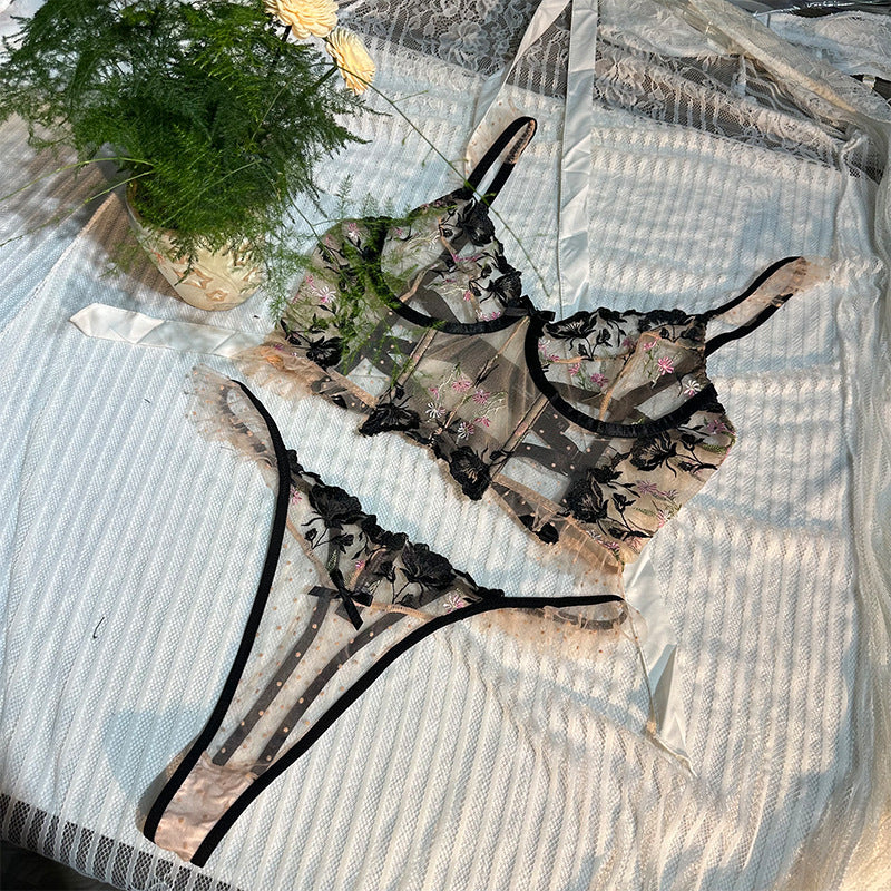 Clashing Floral Embroidered Lingerie Set With Push Up Bra And Matching Panty