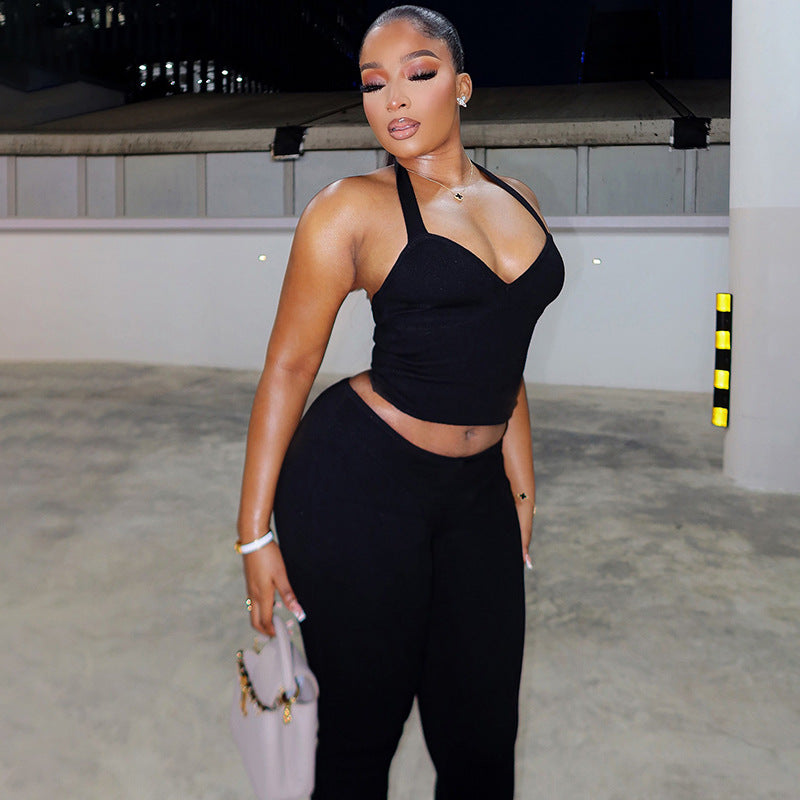 Black Two Piece Set With Bow Tie Halter Top And Capri Leggings Retro Cord Detailing