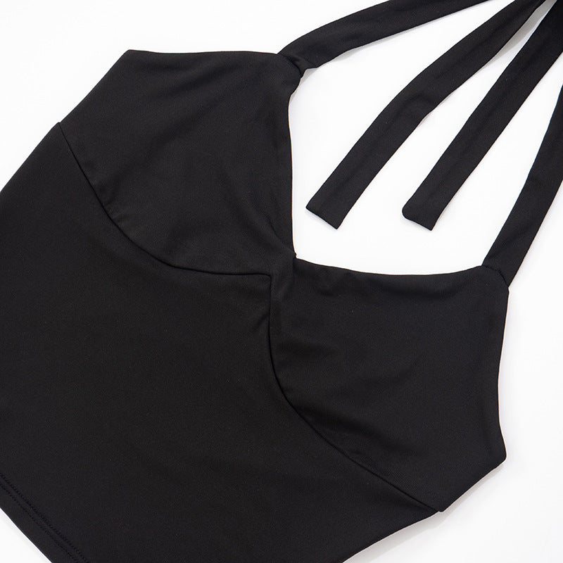 Black Two Piece Set With Bow Tie Halter Top And Capri Leggings Retro Cord Detailing
