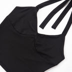 Black Two Piece Set With Bow Tie Halter Top And Capri Leggings Retro Cord Detailing