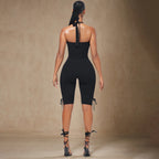 Black Two Piece Set With Bow Tie Halter Top And Capri Leggings Retro Cord Detailing
