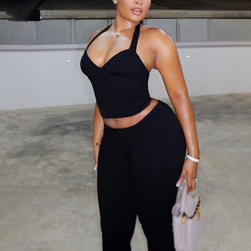 Black Two Piece Set With Bow Tie Halter Top And Capri Leggings Retro Cord Detailing