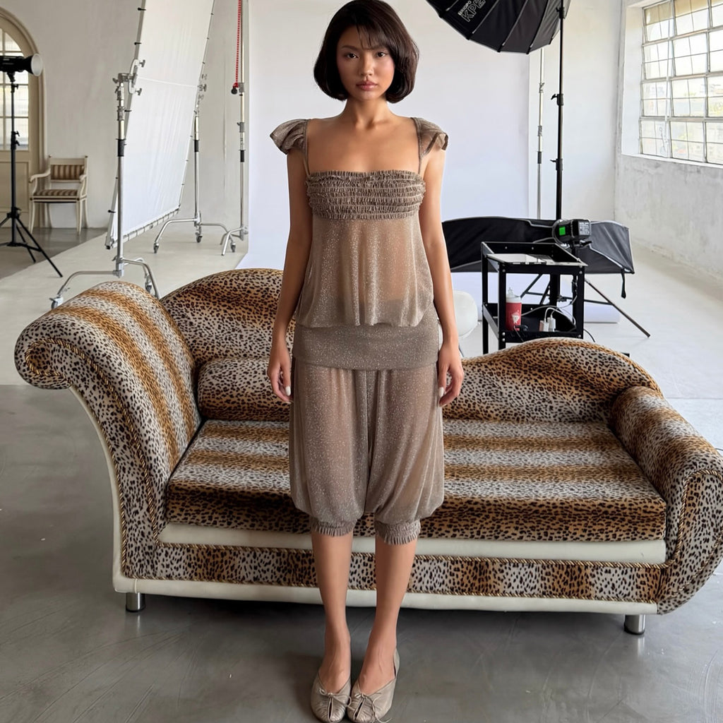 French Style Flying Sleeve Tank Top And Lantern Capri Pants Set