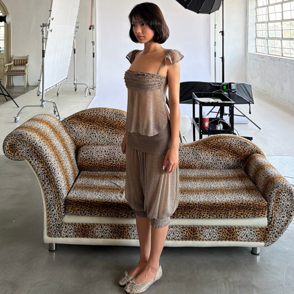 French Style Flying Sleeve Tank Top And Lantern Capri Pants Set