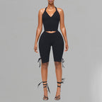 Black Two Piece Set With Bow Tie Halter Top And Capri Leggings Retro Cord Detailing
