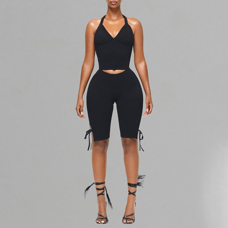 Black Two Piece Set With Bow Tie Halter Top And Capri Leggings Retro Cord Detailing