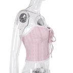 Coquette French Style Cute Camis Sleeveless Open Back Lace Trim Tie Up