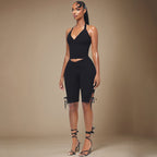 Black Two Piece Set With Bow Tie Halter Top And Capri Leggings Retro Cord Detailing