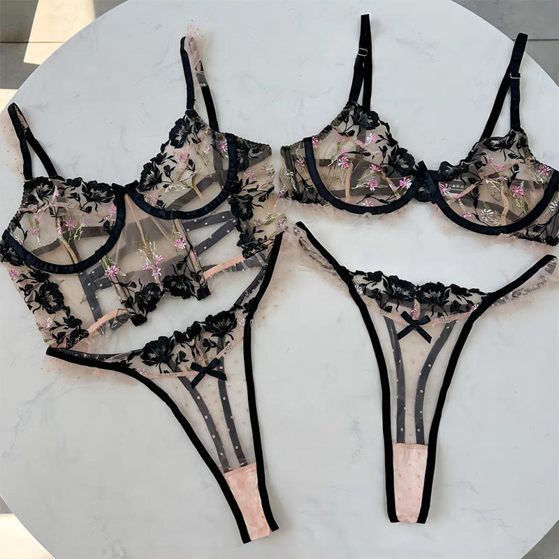 Clashing Floral Embroidered Lingerie Set With Push Up Bra And Matching Panty