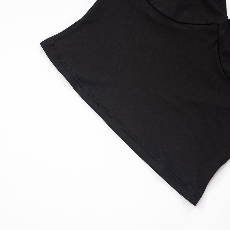 Black Two Piece Set With Bow Tie Halter Top And Capri Leggings Retro Cord Detailing