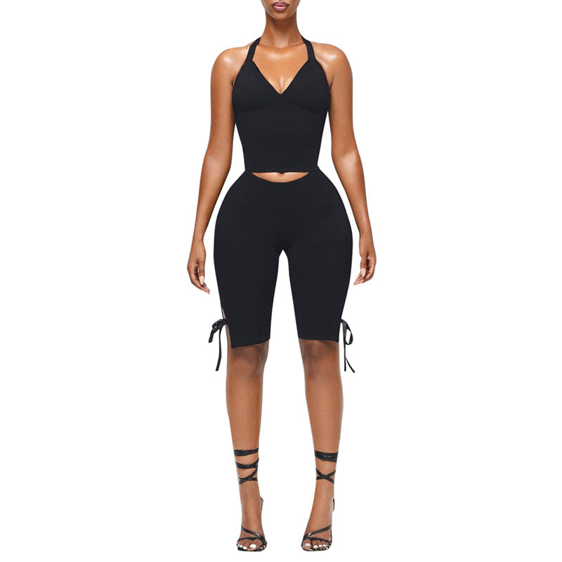Black Two Piece Set With Bow Tie Halter Top And Capri Leggings Retro Cord Detailing