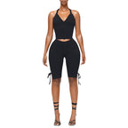 Black Two Piece Set With Bow Tie Halter Top And Capri Leggings Retro Cord Detailing