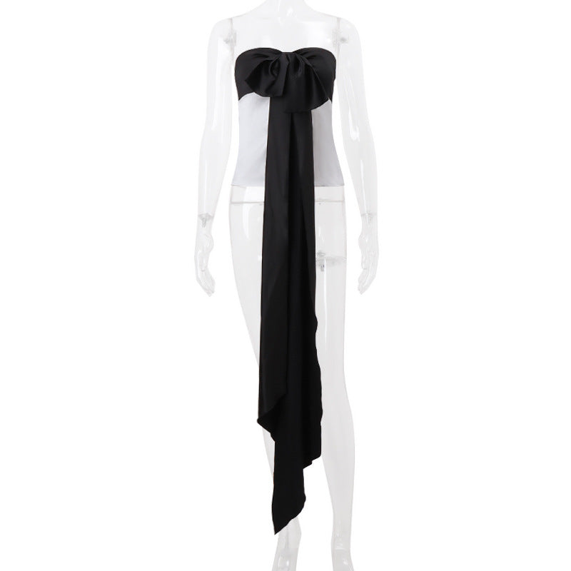 Satin Patchwork Bow Off Shoulder Tank Top Glam