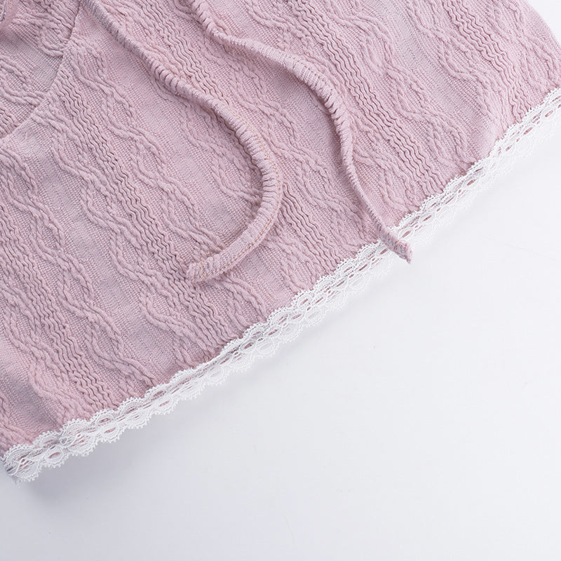 Coquette French Style Cute Camis Sleeveless Open Back Lace Trim Tie Up