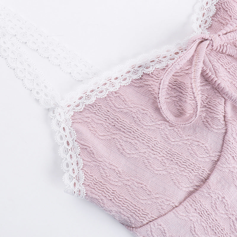 Coquette French Style Cute Camis Sleeveless Open Back Lace Trim Tie Up