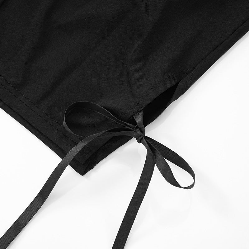 Black Two Piece Set With Bow Tie Halter Top And Capri Leggings Retro Cord Detailing