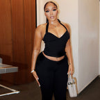 Black Two Piece Set With Bow Tie Halter Top And Capri Leggings Retro Cord Detailing