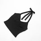 Black Two Piece Set With Bow Tie Halter Top And Capri Leggings Retro Cord Detailing