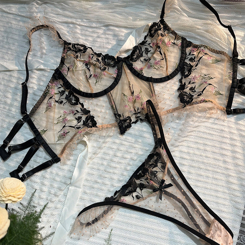 Clashing Floral Embroidered Lingerie Set With Push Up Bra And Matching Panty