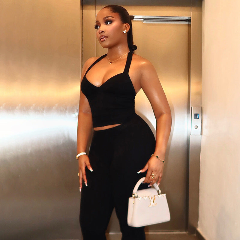 Black Two Piece Set With Bow Tie Halter Top And Capri Leggings Retro Cord Detailing