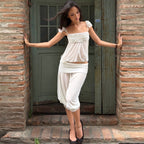 French Style Flying Sleeve Tank Top And Lantern Capri Pants Set