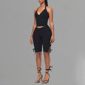 Black Two Piece Set With Bow Tie Halter Top And Capri Leggings Retro Cord Detailing