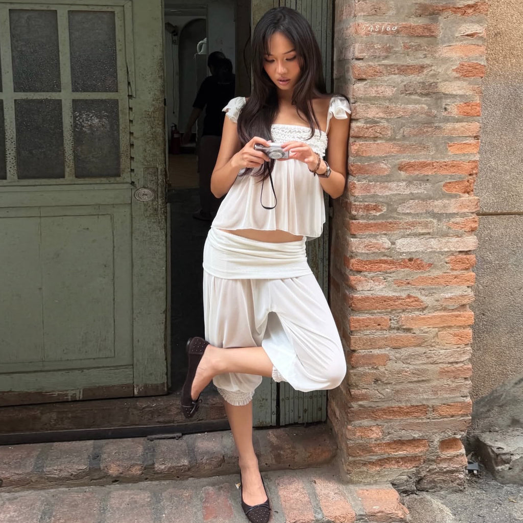 French Style Flying Sleeve Tank Top And Lantern Capri Pants Set